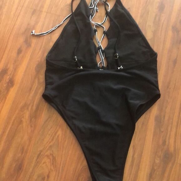 Vintage high cut 80s one piece bathing suit black M - Picture 3 of 5